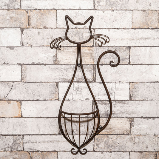 ガーデニング雑貨 アイアン製 壁掛け お座り猫 ウォールバスケット 正面