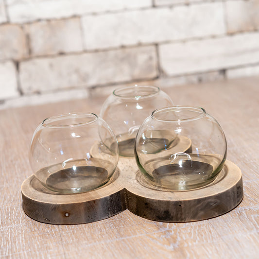 花瓶・フラワーベース ガラススリーボール ウッドトレー 正面