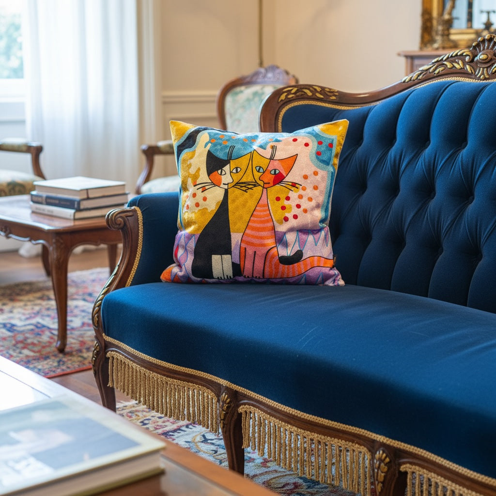 ロジーナ・ヴァハトマイスター 刺繍クッション 2匹のロジーナキャット ロマンスをクラシカルなソファーに置いたコーディネート例