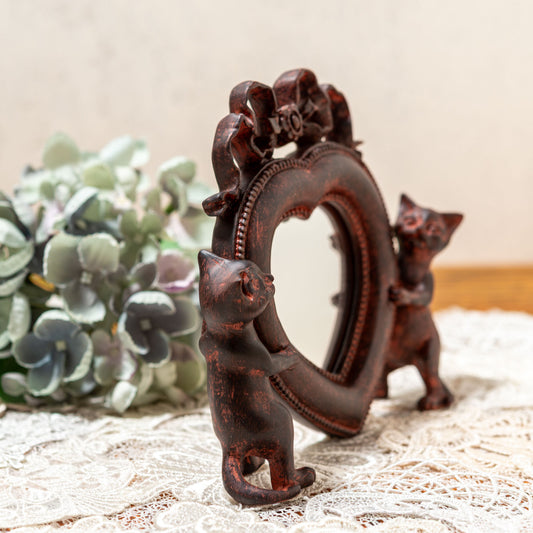 樹脂・レジン製 Rust 2匹の仔ネコ リボン付きハート型 スタンドミラー 卓上鏡 左横