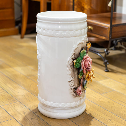 【アウトレット】イタリア製 カポディモンテ 陶器 ローズ陶花付き傘立て アンブレラスタンド 左横