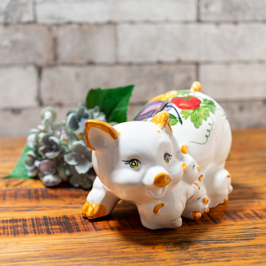 イタリア製 陶器 ピッグバンク 3匹の子ブタとお母さんブタ 貯金箱 左横