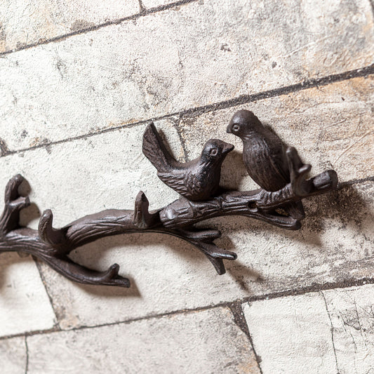 アイアン製 壁掛け ウォールブランチ 4フック 羽根を休める2羽の小鳥 アップ