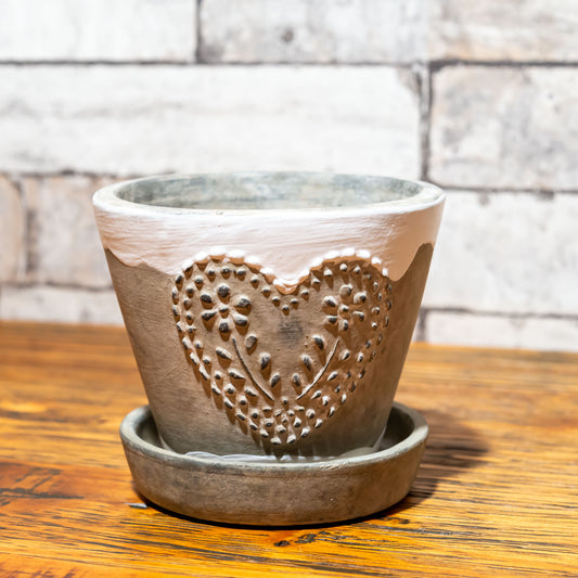 ガーデニング雑貨 テラコッタ製 プランター 鉢カバー ボヌール ポット&ソーサー ホワイト 正面