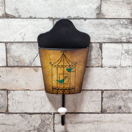 アイアン製 壁掛け バードケージ 鳥かご ケース付きウォールフック イエロー 正面