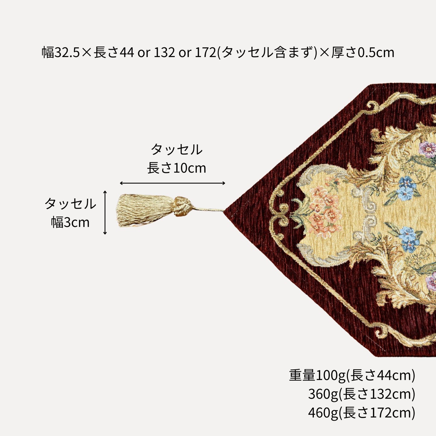 ベルギー製 ゴブラン織り タッセル付きテーブルセンターマット RACHEL レッド 幅32.5cm サイズ詳細