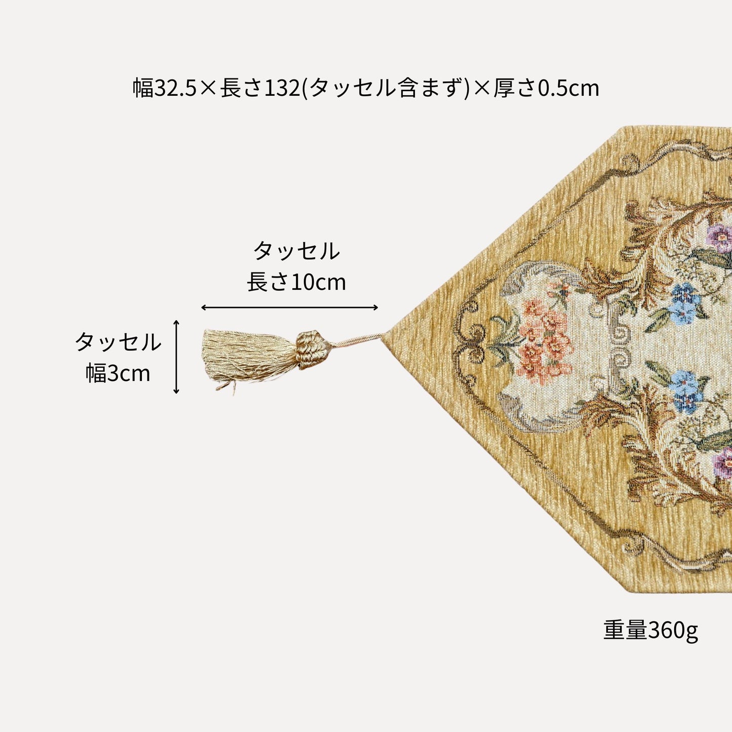 ベルギー製 ゴブラン織り タッセル付きテーブルセンターマット RACHEL ベージュ 幅32.5×長さ132cm サイズ詳細