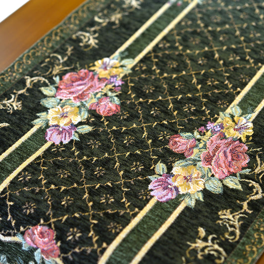 ベルギー製 ゴブラン織り テーブルランナー タッセル グリーン クラシカル 128cm 刺繍アップ