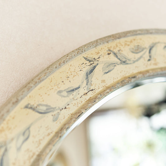 【アウトレット】木製 ハンドペイント 円形ウォールミラー 壁掛け鏡 ブルーローズ アップ