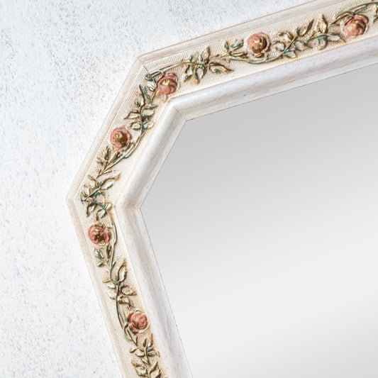 イタリア製 アンティークテイスト ハンドペイントウォールミラー 壁掛け鏡 ローズレリーフ フレームアップ