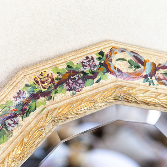 イタリア製 木製 ハンドペイントウォールミラー 壁掛け鏡 フラワーリース アップ