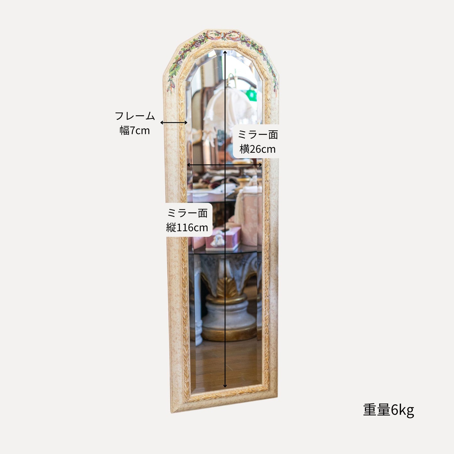 イタリア製 木製 ハンドペイントウォールミラー 壁掛け鏡 フラワーリース サイズ詳細