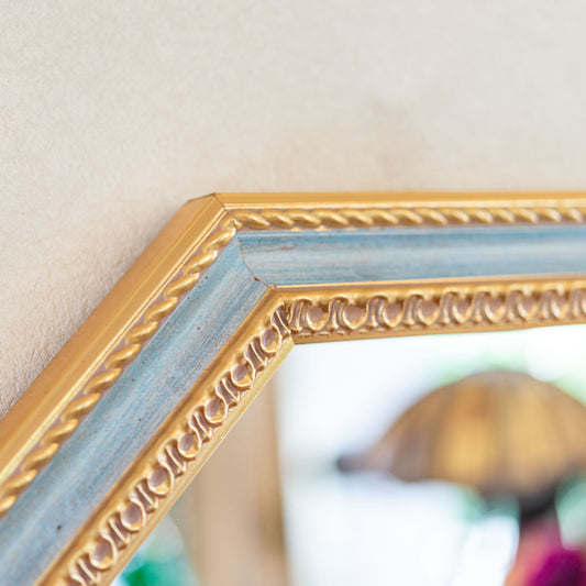 イタリア製 木製 ハンドペイントウォールミラー 壁掛け鏡 八角形 ブルー・ゴールド アップ