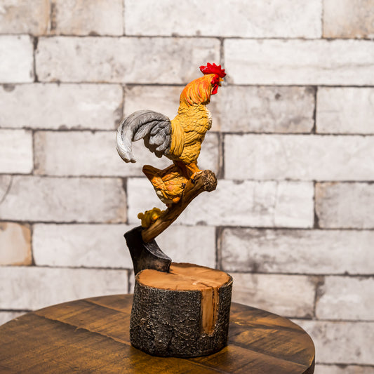 樹脂・レジン製 置物 切り株に刺さる斧とニワトリ親子 左横