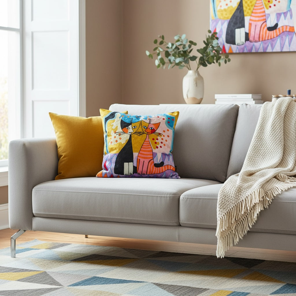 ロジーナ・ヴァハトマイスター 刺繍クッション 2匹のロジーナキャット ロマンスをモダンなソファーに置いたコーディネート例