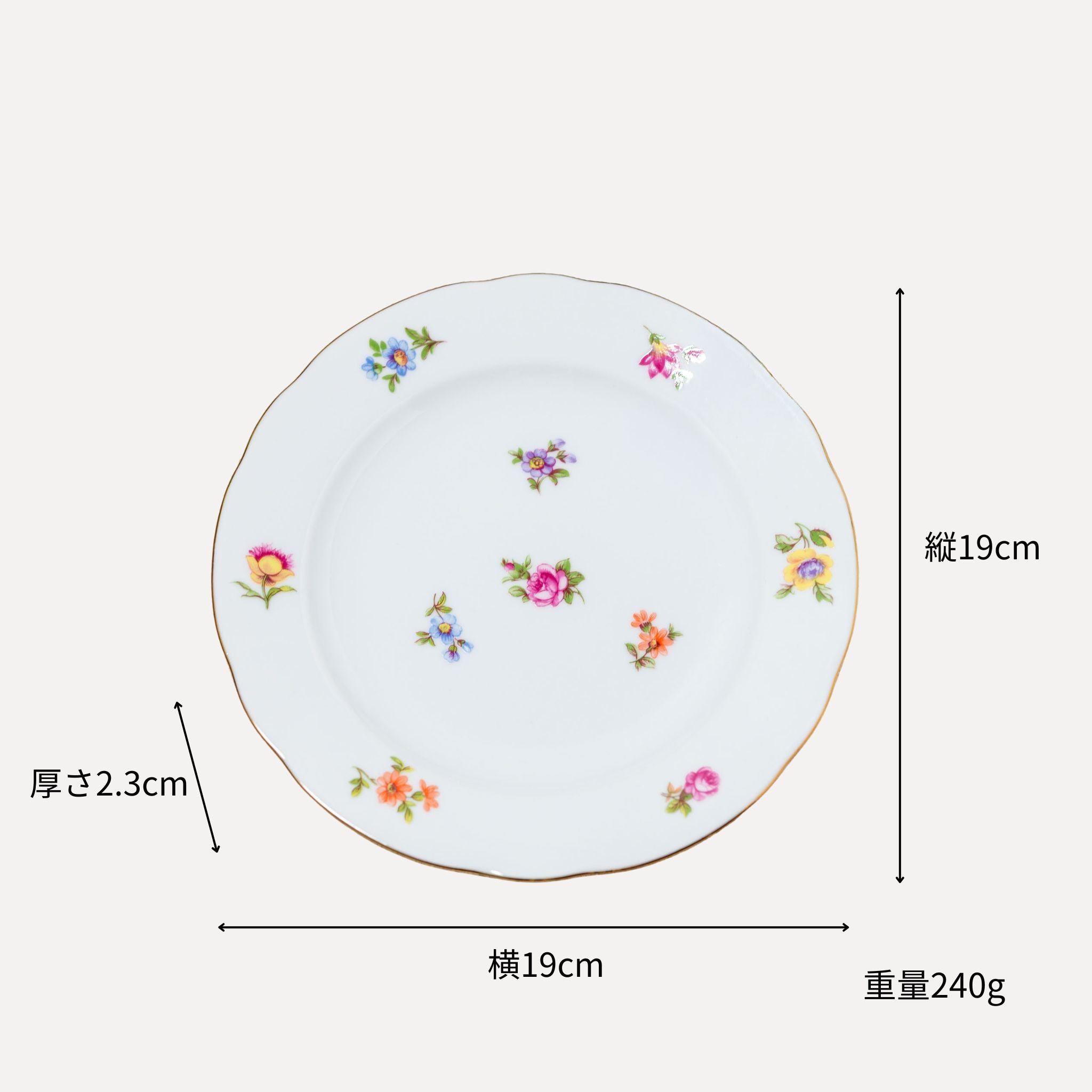 ドイツ製 磁器 飾り皿 花柄 ゴールドライン ホワイト エレガント 19cm