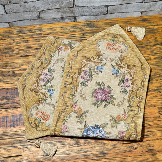 ベルギー製 ゴブラン織り タッセル付きテーブルセンターマット RACHEL ベージュ 幅32.5×長さ132cm 表面