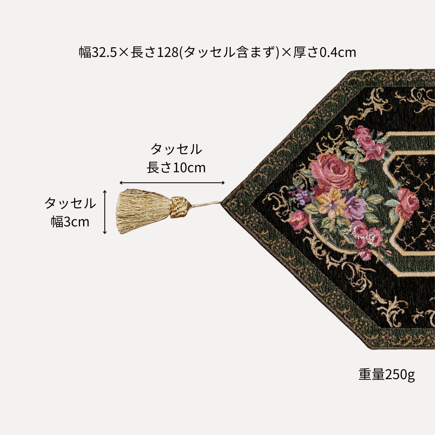 ベルギー製 ゴブラン織り テーブルランナー タッセル グリーン クラシカル 128cm サイズ詳細