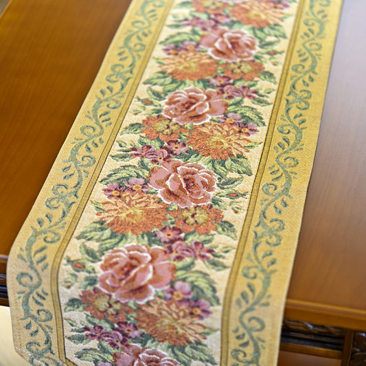 ベルギー製 ゴブラン織り テーブルランナー タッセル ベージュ クラシカル 幅21cm 刺繍アップ