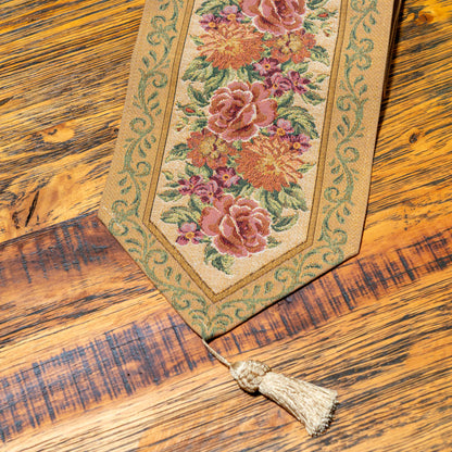 ベルギー製 ゴブラン織り タッセル付きテーブルランナー ベージュ 幅21cm アップ