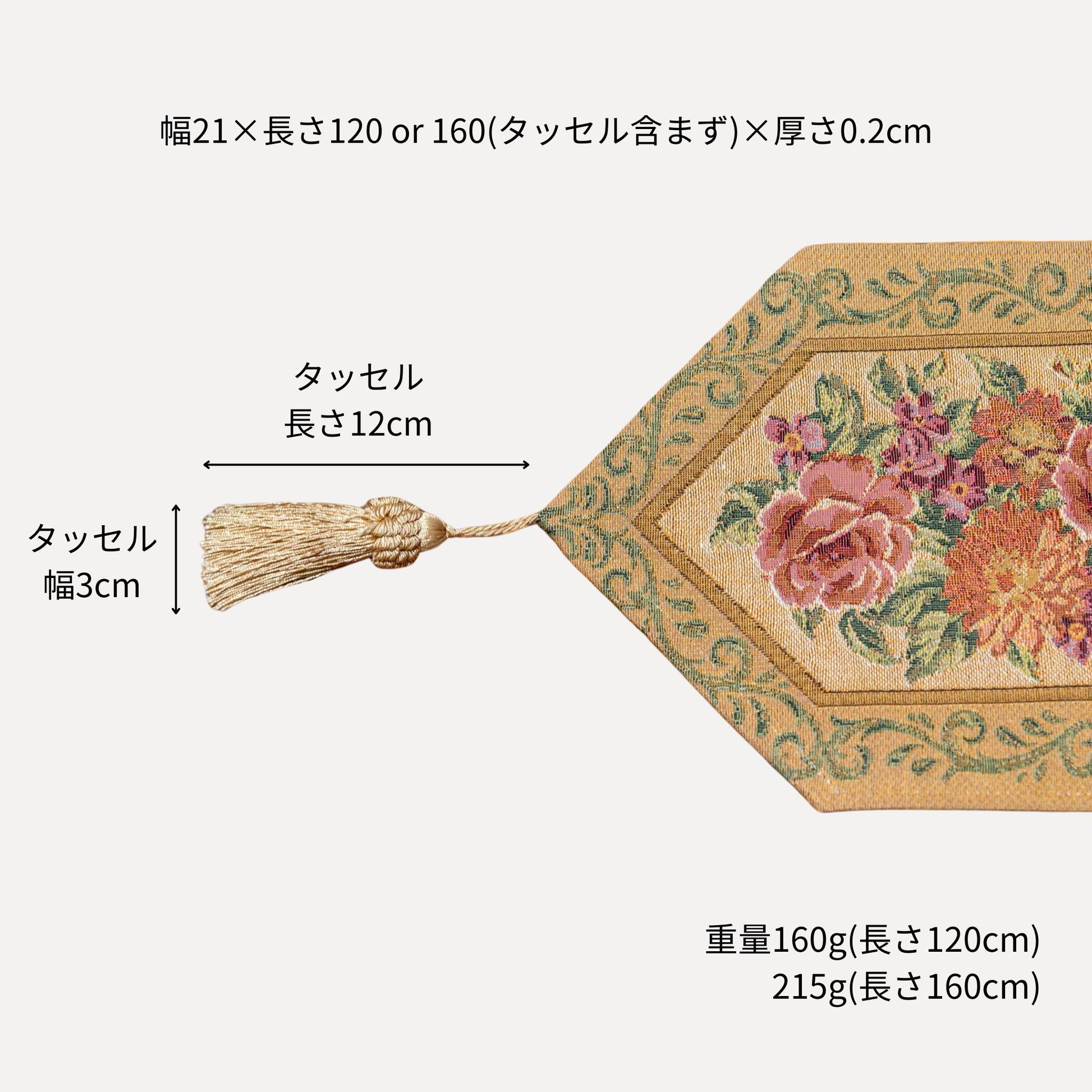ベルギー製 ゴブラン織り タッセル付きテーブルランナー ベージュ 幅21cm　サイズ詳細