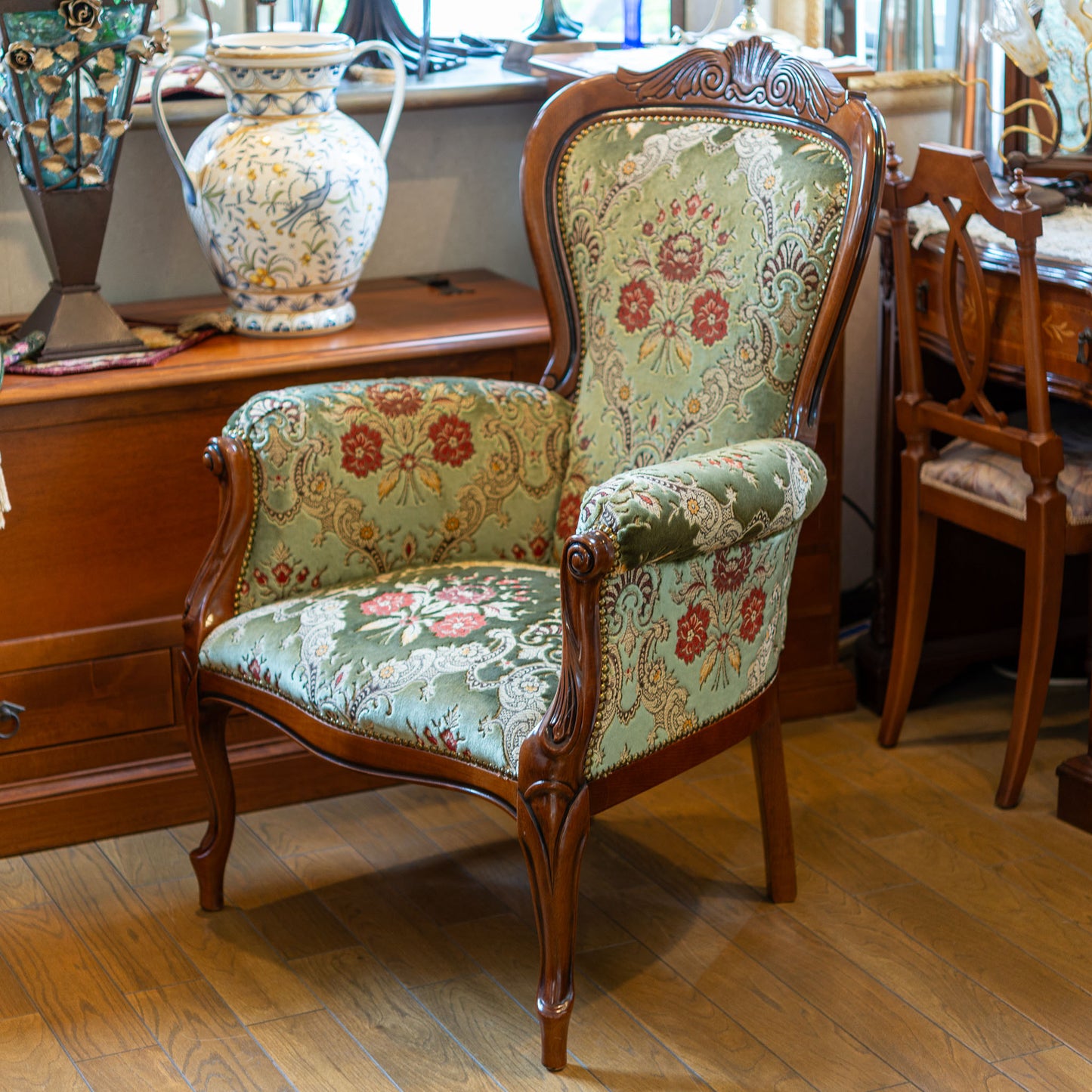 【アウトレット】イタリア製 金華山 木製 ハイバック アームチェアー グリーン 右横