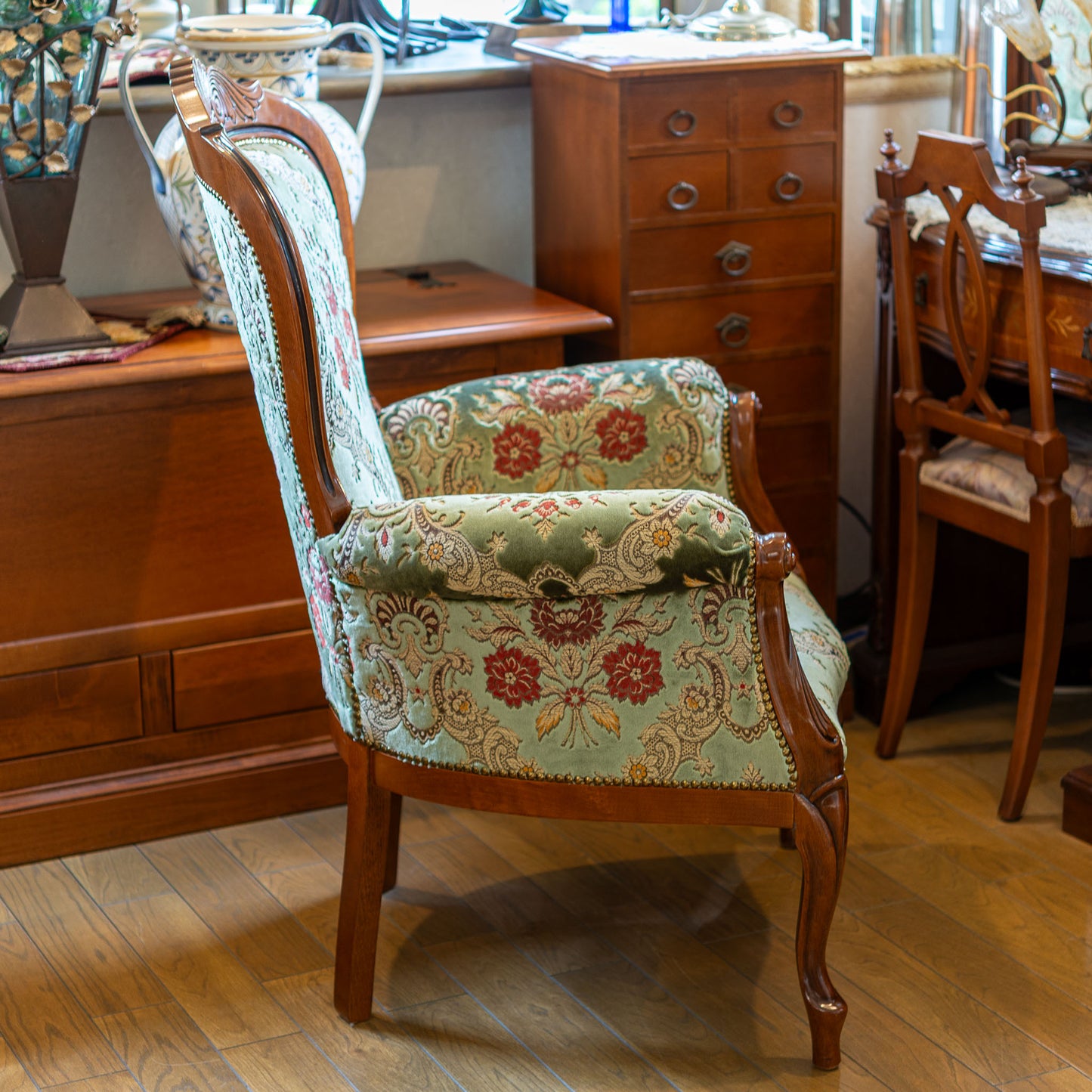 【アウトレット】イタリア製 金華山 木製 ハイバック アームチェアー グリーン 左横