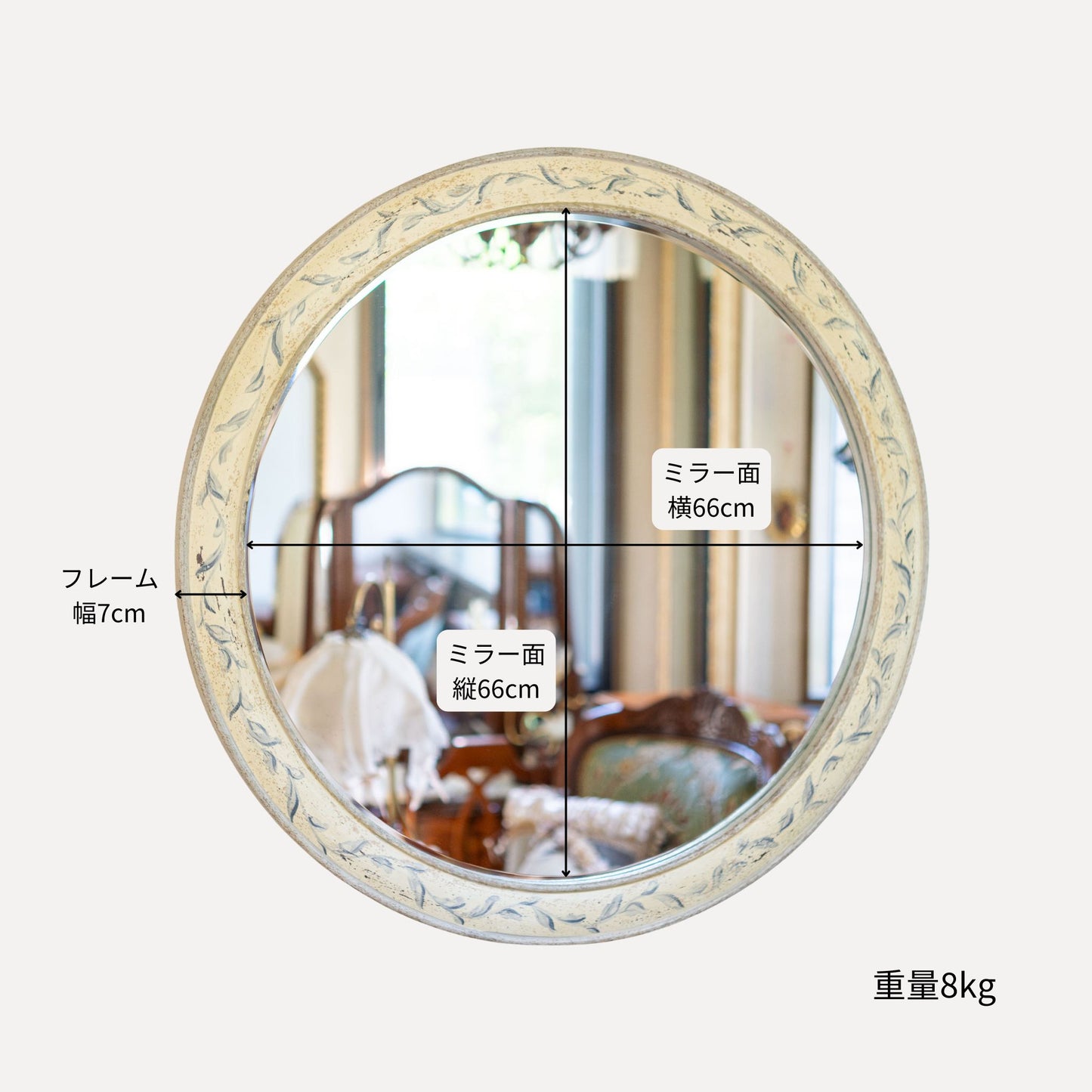 【アウトレット】木製 ハンドペイント 円形ウォールミラー 壁掛け鏡 ブルーローズ サイズ詳細